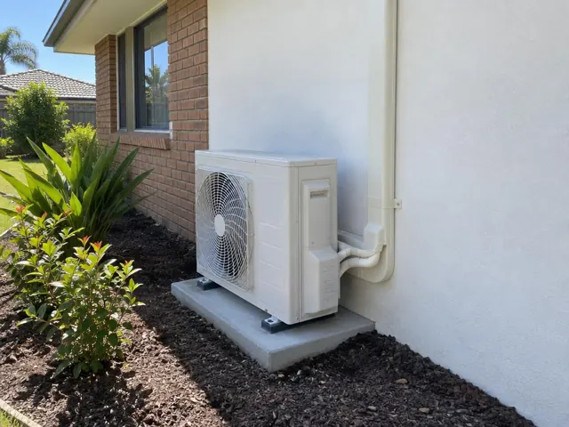 Outdoor air conditioner unit on a concrete pad beside a brick house with neat pipe cover in Nerang